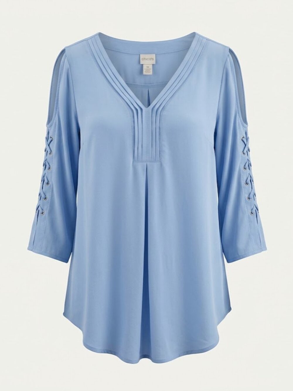 Chicos Light Blue V-Neck 3/4 Sleeve Cold Shoulder Blouse Lace Tie Eyelets Sz 1 M